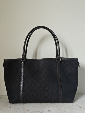 GUCCI: Chocolate Brown Leather Trim Monogram Canvas Shoulder Tote